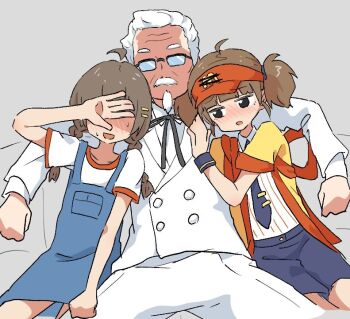 1boy 2girls arm_around_shoulder black_eyes black_ribbon blue_dress blush braid brown_hair buttons colonel_sanders commentary covering_own_eyes double-breasted imadake_dabuchi_tabemi dress facial_hair formal_clothes girl_sandwich glasses goatee grey_background hair_slicked_back hand_on_another&#039;s_chest hand_over_face happi hetero iosys japanese_clothes kfc long_hair long_sleeves low_twin_braids marisa_stole_the_precious_thing mcdonald&#039;s multiple_girls mustache neck_ribbon necktie nervous_smile netorare nose_blush old old_man opaque_glasses open_mouth pinafore_dress pinstripe_pattern pinstripe_shirt purple_necktie purple_shorts ribbon sagami_sagari sandwiched shirt short_hair short_sleeves short_twintails shorts sitting sleeveless sleeveless_dress smile spread_legs suit twin_braids twintails visor_cap white_hair white_shirt white_suit