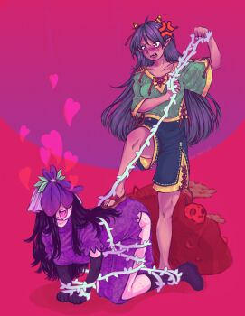 2girls ahoge all_fours anger_vein ankle_boots black_footwear black_gloves black_hair blue_shorts blush boots bound bound_legs bound_wrists commentary covered_eyes dark_skin dress drooling elbow_gloves english_commentary flower foot_on_another's_back full-face_blush gloves gold_trim gradient_background green_shirt hair_flower hair_ornament heart heart_in_mouth highres horns long_hair meandros_trim multiple_girls nippaku_zanmu open_mouth parted_bangs pinkcultgirl plant pointy_ears pulling purple_background purple_dress purple_hair red_background red_eyes red_footwear red_ribbon ribbon sandals shirt short_sleeves shorts skull smile sweatdrop teeth touhou upper_teeth_only veil vines yomotsu_hisami