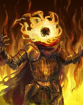 1other ambiguous_gender armor artist_name cape commentary elden_ring english_commentary fiery_background fire flaming_head highres lord_of_the_frenzied_flame_(elden_ring) outstretched_arms rashuu solo tarnished_(elden_ring) torn_cape torn_clothes
