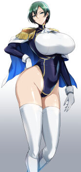 1girl ascot breasts capelet earrings epaulettes gloves green_hair hand_on_own_hip heattech_leotard highleg highleg_leotard highres huge_breasts jewelry kumakichi_(cost-lost) leotard long_sleeves original short_hair thighhighs turtleneck white_ascot white_gloves white_thighhighs