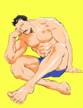 Rule 34 | 1boy, abs, bara, blue male underwear, boxers, bullet scar, dickfish (fishismdick), facial hair, highres, john rottweil (dickfish), large pectorals, looking at viewer, male focus, male underwear, mature male, muscular, muscular male, mustache stubble, navel, navel hair, nipples, one eye closed, original, pectorals, short hair, sitting, solo, stubble, thick eyebrows, topless male, tsurime, underwear, yellow background