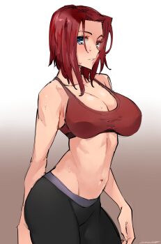 1girl breasts code_geass commission highres kouzuki_kallen large_breasts lonerurouni187 pants red_hair short_hair sweat sweatdrop yoga_pants