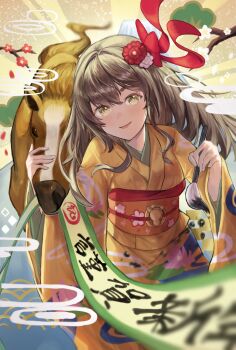 Rule 34 | 1girl, 2026, ao hoshi, breasts, calligraphy brush, chinese zodiac, commentary request, dot nose, flower, hair between eyes, hair flower, hair ornament, hair ribbon, highres, horse, ink, japanese clothes, kimono, long hair, long sleeves, looking at viewer, new year, obi, open mouth, orange kimono, orange sash, original, paintbrush, pink flower, red flower, red ribbon, ribbon, sash, small breasts, smile, solo, white flower, wide sleeves, year of the horse, yellow background, yellow eyes