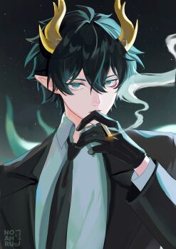 Rule 34 | 1boy, aqua eyes, arm up, black hair, black jacket, black necktie, collared shirt, commentary, dan heng (honkai: star rail), dan heng (permansor terrae) (honkai: star rail), double-parted bangs, dragon boy, dragon horns, formal clothes, hair between eyes, highres, honkai: star rail, honkai (series), horns, jacket, layered sleeves, long sleeves, looking at viewer, male focus, necktie, pointy ears, sanpaku, shirt, sky, smoke, smoke trail, smoking, solo, star (sky), starry sky, suit jacket, upper body, white shirt, wing collar, xnoahru, yellow horns