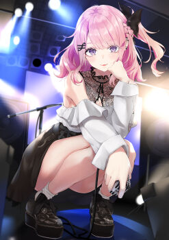 1girl bare_legs black_skirt bow braid cover cover_page full_body hair_ornament hairclip hand_on_own_cheek hand_on_own_face heel_pop highres holding holding_microphone lace-up_shoes lace_shirt microphone mirea nerina_(overwrite) novel_cover off-shoulder_shirt off_shoulder official_art overwrite_(novel) pink_hair platform_heels platform_shoes purple_eyes second-party_source shirt side_ponytail skirt smile socks solo speaker spotlight squatting stage
