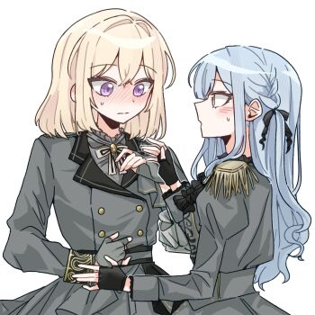 2girls at_09098 bang_dream! bang_dream!_it&#039;s_mygo!!!!! black_ribbon blonde_hair blue_hair blush closed_mouth commentary_request epaulettes grey_jacket hair_ribbon highres jacket korean_commentary long_hair long_sleeves medium_hair misumi_uika multiple_girls purple_eyes ribbon sidelocks simple_background togawa_sakiko white_background
