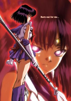 1990s_(style) 1girl bishoujo_senshi_sailor_moon black_hair bob_cut boots bow brown_bow choker elbow_gloves female_focus gloves glowing glowing_eyes hino_ryutaro holding holding_polearm holding_spear holding_weapon knee_boots magical_girl polearm purple_boots purple_skirt retro_artstyle sailor_saturn silence_glaive skirt solo spear staff tiara tomoe_hotaru weapon white_gloves