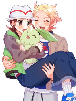 1boy 1girl blonde_hair blue_shirt blue_shoes blush brown_eyes brown_hair brown_jacket carrying chikorita commentary_request eyelashes gen_2_pokemon harmony_(pokemon) hat highres holding holding_pokemon jacket long_sleeves mochi_(mocchi_p_2m) nintendo open_mouth pants pokemon pokemon_(creature) pokemon_legends:_z-a princess_carry ribbed_socks shirt shoes simple_background socks urbain_(pokemon) white_background white_hat