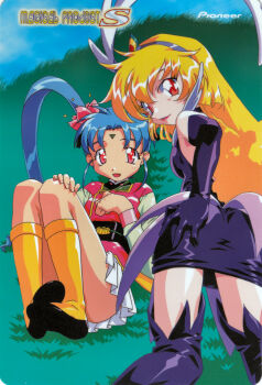 2girls absurdres aqua_hair black_gloves black_skirt blonde_hair blue_hair boots elbow_gloves facial_mark feathers flower forehead_mark gloves grass hair_ornament hand_on_ass hand_on_knee hand_on_own_chest headband highres hill kawai_sasami knee_boots legs_together lipstick long_sleeves looking_at_viewer looking_back magical_girl mahou_shoujo_pretty_sammy makeup miniskirt multiple_girls official_art open_mouth outdoors pixy_misa presenting pretty_sammy pretty_sammy_(character) red_eyes sash sexually_suggestive skirt smile socks tenchi_muyou! thighhighs thighs twintails white_skirt