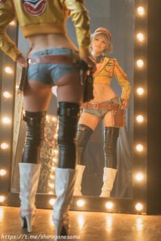 1girl ass belt bikini bikini_under_clothes blonde_hair boots breasts cidney_aurum cidney_aurum_(cosplay) cosplay denim denim_shorts final_fantasy final_fantasy_xv goggles goggles_around_neck green_eyes hand_on_own_hip hat high_heel_boots high_heels highres jacket legs mirror mirror_image navel open_clothes open_jacket photo_(medium) shirogane-sama short_shorts shorts square_enix swimsuit thigh_gap thighs tool_belt tools