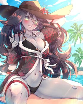 1girl absurdres bikini bikini_under_clothes black_hair black_panties blue_skin blush breasts cleavage colored_skin dead_by_daylight green_eyes hat highres hooked_on_you japanese_clothes large_breasts long_hair panties shiny_skin smile solo swimsuit the_spirit_(dead_by_daylight) underwear