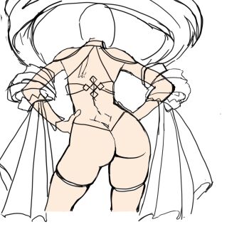 1girl ass boa butt_crack fire_emblem fire_emblem_fates from_behind gluteal_fold hand_on_own_hip nintendo seidr_(fire_emblem) simple_background sketch skindentation solo sunbeam_(artist) thong unfinished