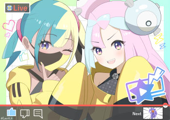 2girls absurdres canari_(pokemon) dark-skinned_female dark_skin highres iono_(pokemon) leo25_k multiple_girls nail_polish nintendo one_eye_closed pokemon pokemon_legends:_z-a pokemon_sv