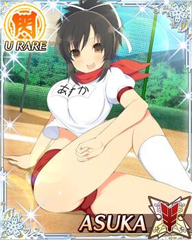 1girl :d asuka_(senran_kagura) border breasts brown_eyes brown_hair buruma card_(medium) character_name day game_cg gym_shirt gym_uniform hair_ribbon knee_up large_breasts long_hair looking_at_viewer name_tag official_art open_mouth outdoors ponytail red_buruma red_scarf ribbon scarf senran_kagura senran_kagura_new_wave shirt short_ponytail smile socks solo stretching third-party_source white_ribbon white_shirt white_socks