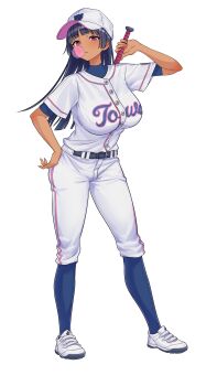 1girl absurdres arched_bangs baseball_bat baseball_cap baseball_uniform belt black_belt black_hair blowing_bubble_gum breasts buttons chewing_gum closed_mouth clothes_writing commentary_request full_body hand_on_own_hip hand_up hat highres holding holding_baseball_bat large_breasts long_hair looking_at_viewer mole mole_on_neck okubatomaeba original pants purple_eyes shirt shoes short_sleeves simple_background sneakers solo sportswear standing t-shirt undershirt white_background white_hat white_pants white_shirt white_shoes