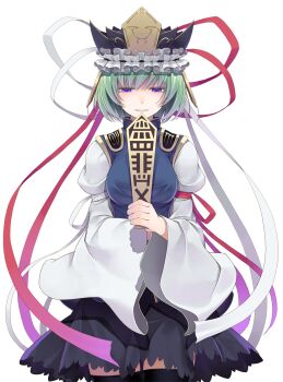 Rule 34 | 1girl, armband, black hat, black skirt, black thighhighs, blue vest, bow, breasts, commentary request, crote, epaulettes, frilled hat, frills, garter belt, green hair, half-closed eyes, hat, highres, holding, holding baton, long sleeves, looking at viewer, medium breasts, parted lips, purple eyes, red bow, ribbon, rod of remorse, shiki eiki, shirt, short hair, skirt, sleeve bow, smile, solo, tachi-e, thighhighs, touhou, transparent background, vest, white bow, white shirt, wide sleeves