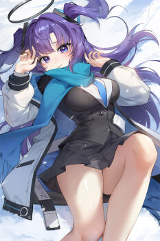 Rule 34 | 1girl, black halo, black skirt, black suit, blue archive, blue necktie, blue scarf, blush, breasts, closed mouth, commentary, day, dutch angle, eyelashes, feet out of frame, formal clothes, fringe trim, furrowed brow, hair between eyes, hair intakes, hair ornament, hair spread out, halo, hands up, highres, icarus9854, jacket, knee up, large breasts, long hair, long scarf, long sleeves, looking at viewer, lying, mechanical halo, miniskirt, necktie, on back, open clothes, open jacket, outdoors, pleated skirt, purple eyes, purple hair, scarf, school uniform, skirt, smile, snow, solo, suit, thighs, triangle hair ornament, tsurime, two side up, untranslatable commentary, upskirt, very long hair, white jacket, winter, winter clothes, yuuka (blue archive)