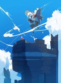 1other absurdres blue_sky brick_wall broken_wall candle character_request cloak clothing_request cloud cloudy_sky day floating gift_art highres long_hair outdoors pointy_ears sky sky:_children_of_the_light sky_child swirl toebeez tower white_hair wind wind_lift
