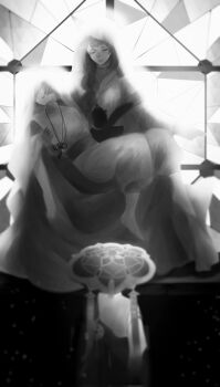 1girl 2boys backlighting barefoot blunt_ends braid cape carrying closed_eyes closed_mouth clothing_cutout dlgodls0731 dual_persona facing_down facing_to_the_side furisode genshin_impact greyscale hair_over_shoulder hand_on_another&#039;s_chest hat heart_(organ) highres japanese_clothes jingasa kariginu kimono long_hair long_sleeves low-braided_long_hair low-tied_long_hair mandala monochrome mother_and_son multiple_boys open_mouth pants princess_carry raiden_shogun sash scaramouche_(genshin_impact) scaramouche_(kabukimono)_(genshin_impact) short_sleeves shoulder_cutout stained_glass tasuki veil wanderer_(genshin_impact)