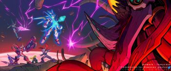 1girl 5boys alternate_universe armor battle blonde_hair blue_eyes blue_helmet clenched_hands clenched_teeth commission dagger dr._weil_(mega_man) dual_wielding electricity fairy_leviathan_(mega_man) fighting_fefnir_(mega_man) forehead_jewel green_armor green_helmet group_picture gun helmet hidden_phantom_(mega_man) highres holding holding_dagger holding_gun holding_knife holding_sword holding_weapon horns knife kunai long_hair mega_man_(series) mega_man_zero_(series) mega_man_zero_4 multiple_boys parted_lips purple_armor purple_helmet red_armor red_helmet red_scarf sage_harpuia_(mega_man) scarf space sword teeth tomycase weapon white_armor x_(mega_man) zero(z)_(mega_man) zero_(mega_man)