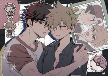 2boys arm_up backpack bag baseball_bat ben-day_dots black_shirt blue_oak blue_pants blush brown_eyes collarbone collared_shirt crew_neck hand_on_another's_arm hat heart highres looking_at_another looking_at_viewer love_ball male_focus multiple_boys nintendo one_eye_closed open_mouth pants partially_open_shirt pk_rgr96 poke_ball pokemon pokemon_frlg pokemon_sm red_(pokemon) red_hat screentones shirt short_sleeves sideways_glance smile teeth upper_body upper_teeth_only wing_collar yaoi yellow_bag