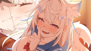 1boy 1girl animal_ear_fluff animal_ears aobara_hairi blonde_hair blue_hair blurry blurry_background blush breasts check_commentary cleavage commentary_request dog_ears dog_girl finger_to_mouth fuwawa_abyssgard highres hololive hololive_english indoors kiss large_breasts multicolored_hair open_mouth pink_hair shirt solo_focus streaked_hair two-tone_hair upper_body virtual_youtuber white_shirt