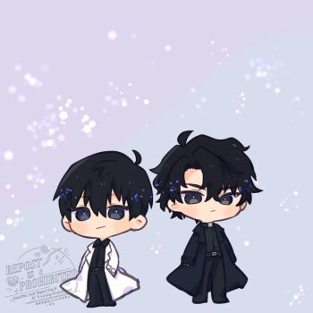 2boys ahoge black_coat black_eyes black_hair black_shirt chibi chibi_only coat collared_shirt curtained_hair double-parted_bangs full_body hair_between_eyes hands_in_pockets highres kim_dokja kimidori_22 looking_at_viewer male_focus multiple_boys omniscient_reader&#039;s_viewpoint open_clothes open_coat popped_collar shirt short_hair standing white_coat yoo_joonghyuk
