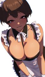 Rule 34 | 1girl, apron, between breasts, black dress, breasts, brown hair, cleavage, collarbone, commentary request, dark-skinned female, dark skin, detached collar, double-parted bangs, dress, frilled dress, frills, from above, highres, large breasts, light blush, looking at viewer, maid, maid day, maid headdress, neck ribbon, original, rakuga kiya, red eyes, ribbon, seductive smile, short hair, simple background, smile, solo, strap between breasts, upper body, white apron, white background, wrist cuffs