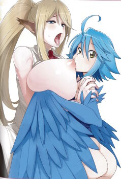 10s 2girls ahoge animal_ears ass bare_shoulders blonde_hair blue_eyes blue_hair blue_wings blush breast_sucking breasts breasts_out centaur centorea_shianus detached_sleeves feathered_wings hair_between_eyes half-closed_eyes hand_on_another&#039;s_shoulder harpy highres horse_ears huge_breasts long_hair looking_at_viewer monster_girl monster_musume_no_iru_nichijou multiple_girls open_mouth papi_(monster_musume) pointy_ears ponytail saliva simple_background source_request tamagoroo taur tongue tongue_out torogao white_background winged_arms wings yellow_eyes yuri