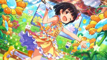 1girl :d \m/ black_hair brown_eyes commentary_request dress game_cg gloves hand_up holding holding_microphone idolmaster idolmaster_million_live! idolmaster_million_live!_theater_days looking_at_viewer microphone nakatani_iku official_alternate_costume official_art one_eye_closed open_mouth short_hair single_glove sleeveless sleeveless_dress smile solo stage standing third-party_source white_gloves yellow_dress