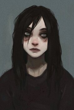 1girl artist_self-insert bags_under_eyes black_hair black_shirt closed_mouth eyeliner facial_scar grey_background grey_eyes hair_between_eyes highres makeup original scar scar_on_cheek scar_on_face shirt simple_background solo t-shirt theytookorange upper_body