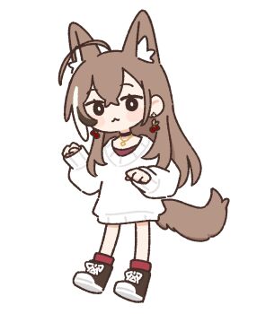 :3 ahoge animal_ear_fluff animal_ears bare_legs black_choker black_shoes black_streaks bloodymoonia blush_stickers bright_pupils brown_hair cherry_earrings chibi chibi_only choker crossed_bangs earrings food-themed_earrings food_themed_earrings full_body hair_between_eyes hololive hololive_english jewelry long_hair long_sleeves multicolored_hair nanashi_mumei no_sclera oversized_sweater paw_pose red_shirt red_socks shirt shoes socks streaked_hair sweater tail white_background white_pupils white_streaks white_sweater wolf_ears wolf_tail