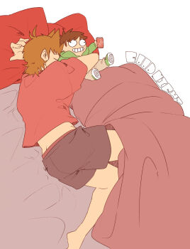Rule 34 | 1boy, animification, antenna hair, black male underwear, blanket, brown hair, butt crack, character doll, closed eyes, commentary request, doll, edd (eddsworld), eddsworld, english text, fewer digits, flat color, hair behind ear, hair ears, highres, holding, holding stuffed toy, implied yaoi, lying, makeship, male focus, male underwear, on side, pillow, red shirt, roukon24, shirt, short hair, short sleeves, simple background, sleeping, solo, stuffed animal, stuffed toy, tord (eddsworld), u u, underwear, white background