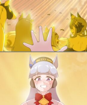 4girls animal_ears blunt_bangs blush bow braid braided_hair_rings brown_hat creature_and_personification crying dress ear_bow ear_covers ear_ornament ear_ribbon gentildonna_(regina_dei_fiori)_(umamusume) gentildonna_(umamusume) ghost gloves gold_ship_(red_strife)_(umamusume) gold_ship_(umamusume) grass_wonder_(umamusume) grey_hair hair_ornament hair_rings hairband haru_urara_(bestest_prize)_(umamusume) haru_urara_(umamusume) hat headband heart-shaped_ornament heart_ear_ornament highres horse horse_ears horse_girl jacket long_hair multiple_girls neferkitty open_mouth personification pillbox_hat pink_headband ponytail purple_eyes red_bow smile tears teeth umamusume upper_body white_jacket