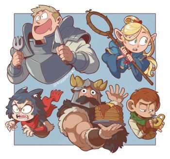 2girls 3boys absurdres animal_ears armor beard bigggbrick black_hair blonde_hair blue_background blue_capelet blue_robe border bow bowtie bracer brown_gloves brown_hair brown_vest capelet cat_ears cat_girl chilchuck_tims cropped_torso drooling dungeon_meshi dwarf elf facial_hair fake_horns fangs fingerless_gloves fingernails food fork fur-trimmed_armor fur-trimmed_vest fur_trim furrowed_brow gloves gold_trim green_eyes green_scarf half-closed_eyes half_updo halfling helmet highres holding holding_food holding_fork holding_knife holding_staff horned_helmet horns izutsumi knife laios_touden light_blush long_hair marcille_donato medium_hair mouth_drool multiple_boys multiple_girls muscular muscular_male mustache open_mouth paladin pancake pancake_stack parted_bangs pauldrons picking_lock plate_armor pointy_ears red_bow red_bowtie red_scarf robe scarf senshi_(dungeon_meshi) sharp_fingernails shirt short_hair shoulder_armor slit_pupils smile staff twitter_username upper_body vambraces vest white_border white_shirt yellow_eyes