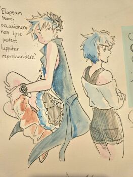 1girl ayellowapple black_shorts black_skirt blue_eyes blue_jacket boots brown_boots closed_mouth commentary cropped_legs crossed_arms dot_mouth english_commentary flower from_behind full_body hair_flower hair_ornament hands_on_own_leg hatching_(texture) high-waist_shorts highres jacket kyokugen_dasshutsu kyokugen_dasshutsu_adv:_zennin_shibou_desu latin_text long_sleeves looking_back multiple_views no_sclera open_clothes open_jacket phi_(kyokugen_dasshutsu) shirt short_hair shorts simple_background sketch skirt sleeveless sleeveless_shirt traditional_media very_short_hair watch white_background white_hair white_shirt wristwatch zero_escape:_toki_no_dilemma