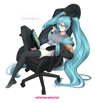 1girl absurdres bespectacled black_thighhighs blue-framed_eyewear blue_eyes blue_hair blue_panties breasts chair closed_mouth commentary covered_erect_nipples crop_top drawing_tablet english_commentary entangled full_body gaming_chair glasses grey_shirt hatsune_miku headphones highres holding holding_pen long_hair navel no_pants no_shoes oppai_magpie panties pen pornography shirt simple_background sitting small_breasts solo striped_clothes striped_panties swivel_chair thighhighs twintails underwear very_long_hair vocaloid white_background white_panties