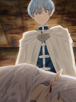 1boy 1girl blue_eyes blue_hair blue_shirt center-flap_bangs cloak closed_eyes closed_mouth commentary_request double-parted_bangs earrings elf film_grain floating_earrings frieren grey_hair grey_shirt hair_between_eyes hair_down highres himmel_(sousou_no_frieren) indoors jewelry long_bangs long_hair looking_at_another looking_at_viewer lying mole mole_under_eye on_side pointy_ears shirt short_hair sleeping sousou_no_frieren standing straight_hair teardrop_earrings very_short_hair white_cloak yoichi_hnkn