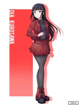 Rule 34 | 1girl, absurdres, artist name, black hair, black shirt, blunt bangs, gabbu ojii, green eyes, highres, jacket, kurosawa dia, light smile, long hair, love live!, love live! school idol festival, love live! sunshine!!, mole, mole under mouth, red jacket, red skirt, shirt, simple background, skirt, thighhighs