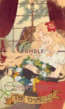 1girl blonde_hair card_(medium) closed_eyes commentary_request dress flower flower_wreath freckles hair_flower hair_ornament hibiscus highres indoors one_piece pillow portgas_d._rouge puffy_short_sleeves puffy_sleeves roman_numeral sample_watermark short_sleeves sitting siyangou49 smile solo tarot tarot_(medium) the_emperor_(tarot) watermark