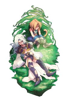 2boys absurdres bare_shoulders black_boots black_gloves black_thighhighs blonde_hair blue_pants blue_wrist_cuffs boots cat_tail codpiece cropped_jacket cropped_vest feather_hair_ornament feathers final_fantasy final_fantasy_ix fingerless_gloves full_body gloves gold_trim grey_boots grey_gloves grey_hair hair_ornament highres kuja male_focus midriff multiple_boys neck_ribbon pants parted_bangs ribbon showgirl_skirt sitting skirtzzz steel-toe_boots tail thighhighs vest white_sleeves wrist_cuffs zidane_tribal