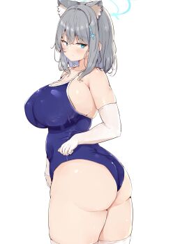 1girl animal_ear_fluff animal_ears ass blue_archive blue_eyes blue_halo blue_one-piece_swimsuit breasts commentary_request cross_hair_ornament elbow_gloves gloves grey_hair hair_ornament halo highres large_breasts looking_to_the_side one-piece_swimsuit shinonon_(iso_shino) shiroko_(blue_archive) short_hair simple_background solo swimsuit thighhighs white_background white_gloves white_thighhighs wolf_ears