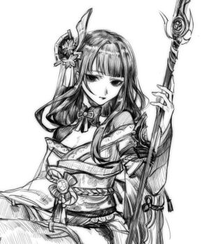 1girl blunt_bangs braid breasts cleavage close-up closed_mouth dd16056094 engulfing_lightning_(genshin_impact) genshin_impact grey_background hair_ornament head_tilt holding holding_polearm holding_weapon japanese_clothes long_hair looking_at_viewer mole mole_under_eye monochrome neck_ribbon polearm raiden_shogun ribbon simple_background sitting solo upper_body weapon