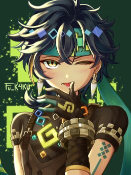 Rule 34 | 1boy, absurdres, black gloves, black hair, black shirt, blush, chest harness, commentary, crossed bangs, double-parted bangs, earrings, english commentary, fuk4ku, genshin impact, gloves, green background, green headband, hair between eyes, hand up, harness, headband, highres, jewelry, kinich (genshin impact), licking, licking finger, licking own finger, looking at viewer, male focus, one eye closed, shirt, short hair, short sleeves, solo, straight-on, tongue, tongue out, upper body