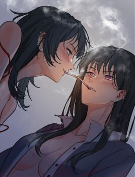 2girls absurdres bang_dream! bang_dream!_it&#039;s_mygo!!!!! black_hair blush breasts brown_hair chinese_commentary cigarette_kiss commentary_request earrings green_eyes hero45439083942 hickey highres jewelry long_hair looking_at_another medium_breasts multiple_girls open_clothes open_shirt parted_lips purple_eyes shiina_taki smoking strap_slip upper_body yahata_umiri yuri