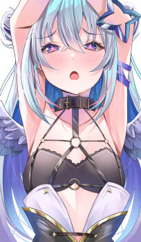 1girl absurdres amane_kanata amane_kanata_(another_world) armpits bare_arms bare_shoulders black_choker black_gloves black_jacket black_sports_bra blue_hair blue_halo blue_wings blush choker collarbone commentary_request crossed_bangs gloves gradient_hair gradient_wings grey_hair grey_wings hair_between_eyes hair_bun halo heart heart-shaped_pupils heart_in_eye highres hololive jacket jewelry long_hair looking_at_viewer multicolored_hair multicolored_wings necklace official_alternate_costume official_alternate_hairstyle open_mouth parted_bangs presenting_own_armpit purple_eyes single_hair_bun single_hair_intake single_side_bun solo sports_bra star_halo symbol-shaped_pupils symbol_in_eye tilted_halo upper_body virtual_youtuber wings zacky