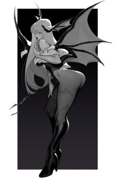 1girl animal_print bat_print blunt_bangs boots breasts bridal_gauntlets darkstalkers demon_wings greyscale head_wings highres leotard long_hair looking_at_viewer monochrome morrigan_aensland rae_(hexedwithluck) solo strapless strapless_leotard wings