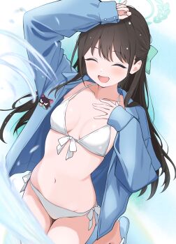 :d absurdres airi_(blue_archive) aqua_halo arms_up black_hair blue_archive bow bow_bra bra breasts closed_eyes collarbone cowboy_shot groin hair_bow halo highres kurumi_kororin long_hair long_sleeves navel open_mouth oversized_clothes panties side-tie_panties small_breasts smile swimsuit thighs underwear water white_bra white_panties