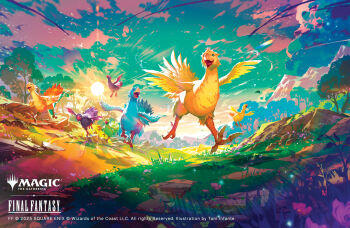 6+others beak chocobo company_name copyright_name copyright_notice feathered_wings final_fantasy grass happy highres logo magic:_the_gathering midair multiple_others no_humans official_art open_mouth running scenery smile sun sunlight talons toni_infante tree wings
