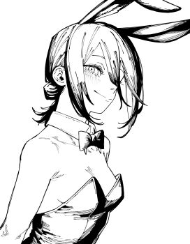 1girl absurdres alternate_costume animal_ears bow bowtie breasts chainsaw_man closed_mouth detached_collar fake_animal_ears greyscale hair_bun highres leotard medium_breasts monochrome nekotaro_(vtst8524) playboy_bunny rabbit_ears reze_(chainsaw_man) small_breasts smile solo strapless strapless_leotard